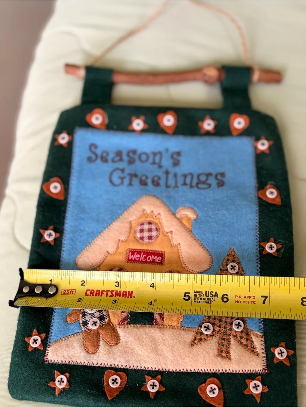 Season's Greetings Felt Holiday Wall Hanging - Green/Blue Gingerbread Man Cabin